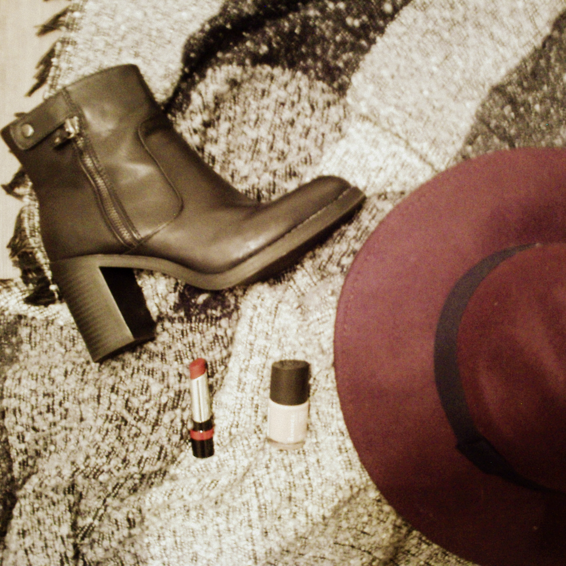 Autumn Winter Accessories that last for Years, Black Leather Ankle Boots, Dark Lipstick, Berry Trilby, Nude Nails, Big Scarf